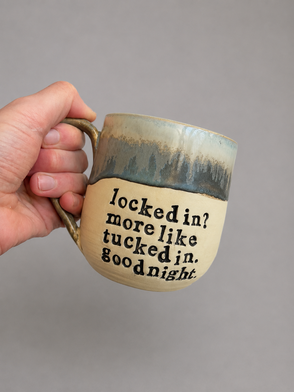 Locked in? More like tucked in. Goodnight. mug